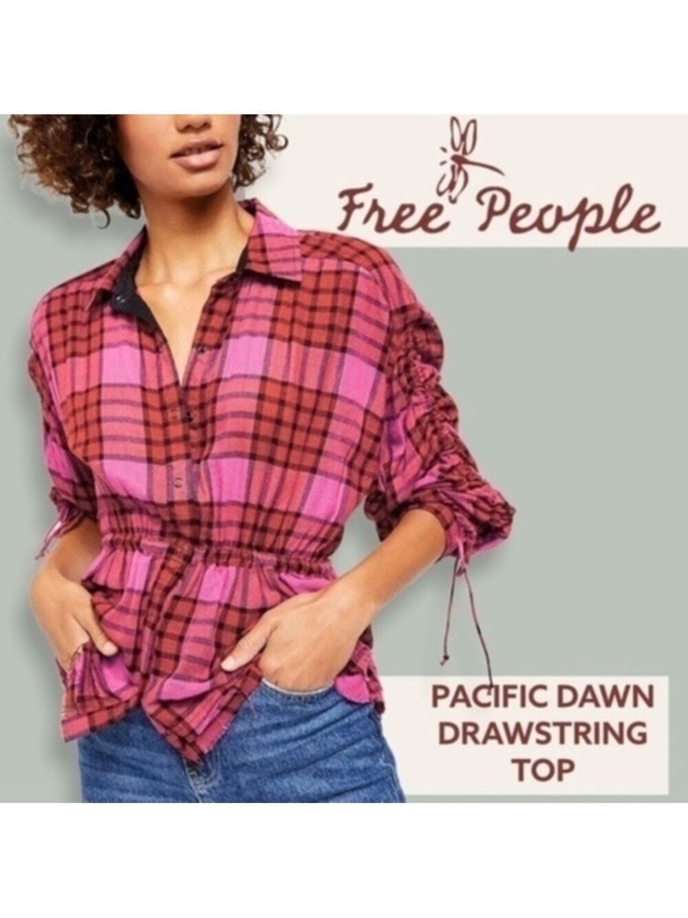 FREE PEOPLE NWT Pacific Dawn Red Plaid Drawstring Peplum Top/LG
